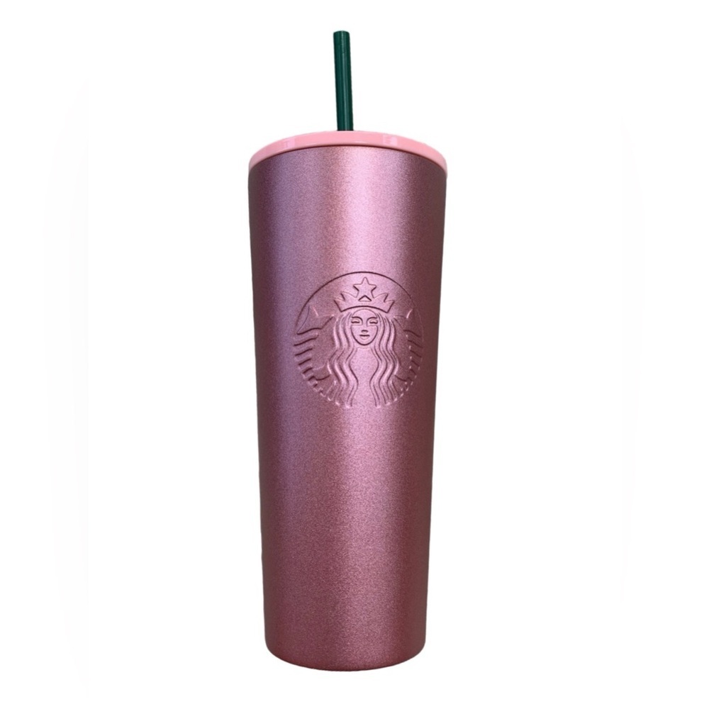Starbucks 24 Oz. Metallic Matte Shimmer Pink Rose Gold Tumbler with Green Straw